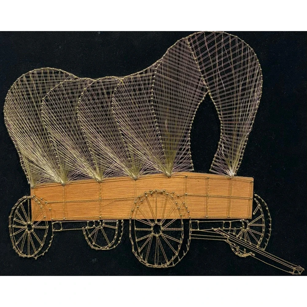 Vintage String Art Covered Wagon Pioneer Days Western Folk Art Velvet 20x16
